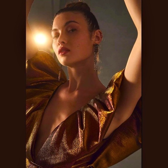 RONNY KOBO Calin Metallic Puffed Shoulders Iridescent Lame Tiered Mini Dress NWT - Picture 7 of 16